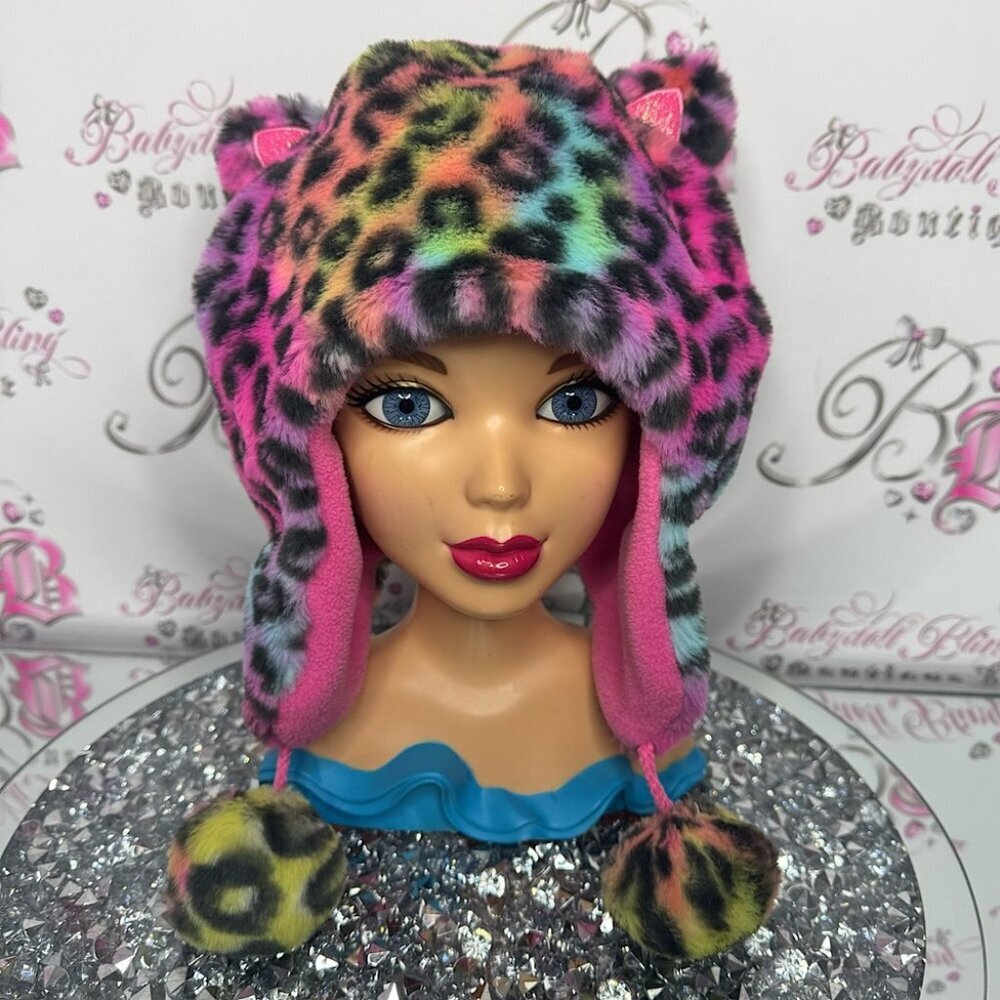 Hat toque cheetah print rainbow Pom poms cat ears animal print ombré soft fur